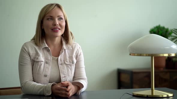 Portrait of Smiling Businessman Boss Woman Interviewing Job Seeker in Home Office