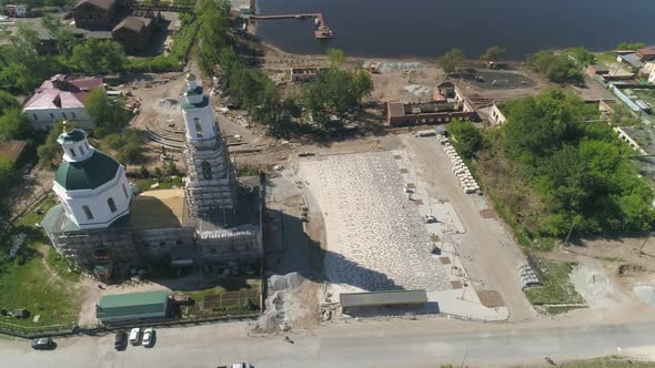 Aerial view of reconstruction of old church and embankment 26
