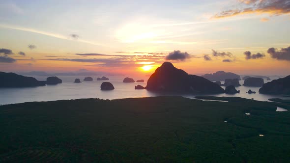 Aerial view scene of Samet Nangshe Bay, Phang Nga province, Landscape mountain and river or lake.