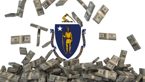 US Dollars falling in front of Massachusetts State Flag