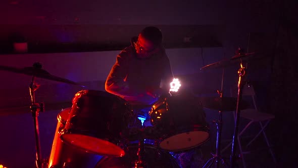 Drummer Man Playing Drums Nightclub