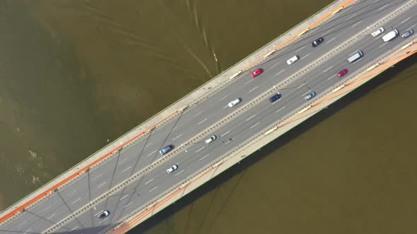 Aerial bridge landscape. Aerial road bridge. Highway road above river