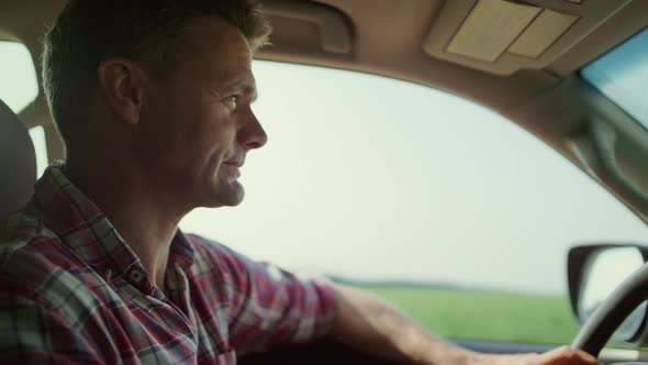 Man Driving Car Country Road Closeup