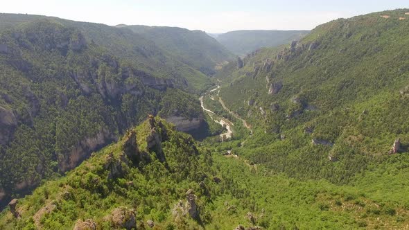 Aerial travel drone view of Gorges du Tarn and the Tarn River, Southern France.