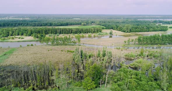 Aerial view of flooded farmland during high water, Swolgen, Maas, Netherlands. alt