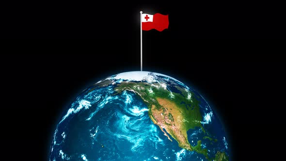 3d Rotated Planet Earth On Flying Tonga Flag Animation