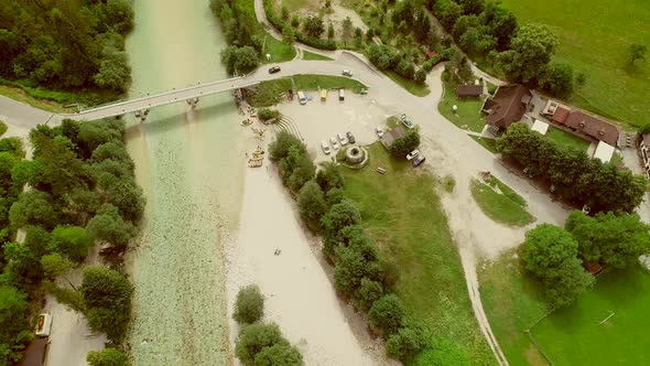 Aerial view of a small bridge at Soca river, Slovenia.