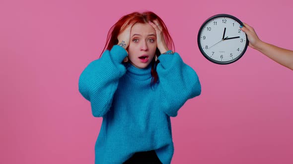 Confused Woman with Anxiety Checking Time on Clock Running Late to Work Being in Delay Deadline