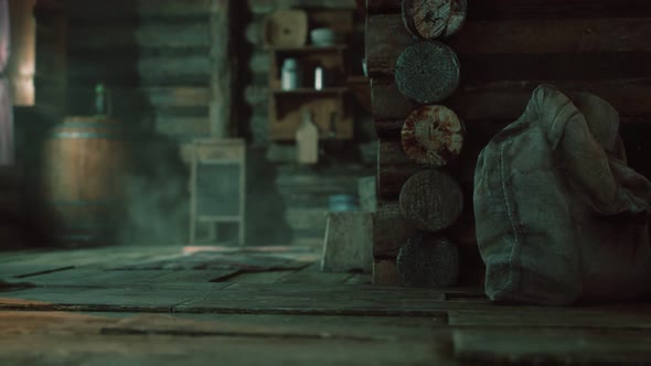 Dark Interior of Retro Log House alt