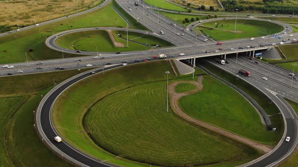 Autos Drive Along Highway Multilevel Traffic Intersection