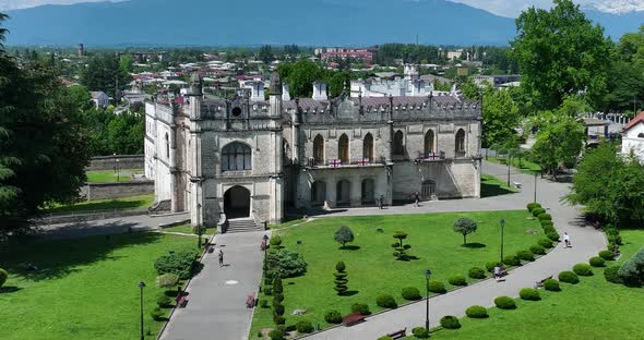 Zugdidi, Georgia - May 30 2022: Aerial view of Dadiani Palace in the center of Zugdidi city