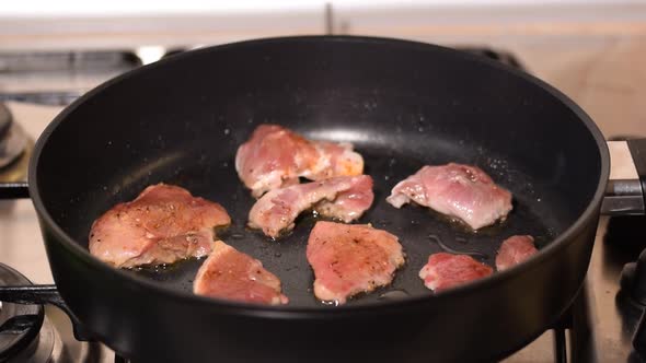 Fry Pork Pieces Meat In Pan