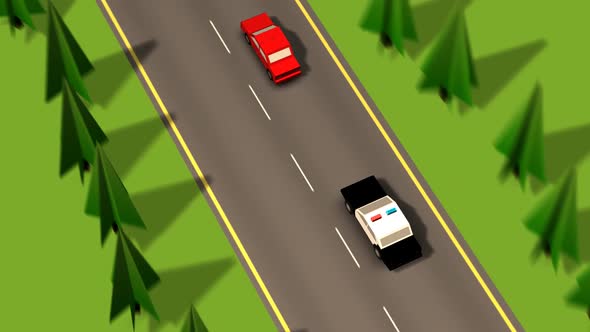 The police car speeding on a road. The vehicle`s drive fast chasing the red car.