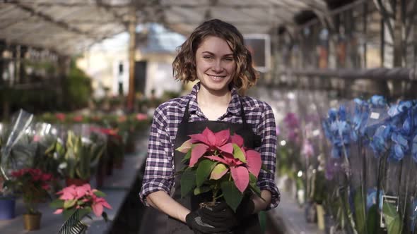 Portrait of Florist Woman Working in Sunny Greenhouse Full of Blooming Plants Holding Beautiful