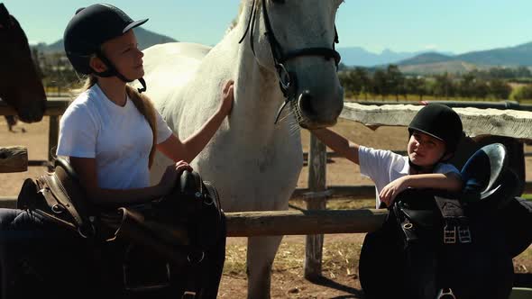 Siblings touching the white horse in the ranch 4k