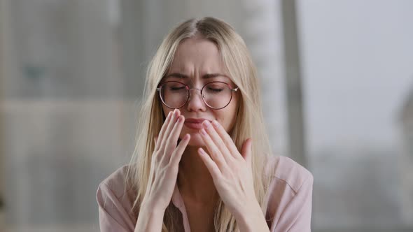 Portrait Frustrated Stressed Business Woman Caucasian Girl Blond Desperate Grief Crying Suffers