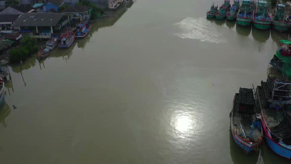 Aerial View of Rayong River and Fishing Boats in Rayong Thailand