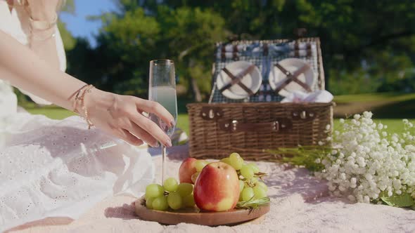 Woman with Drink Making Toast Outdoors Unrecognizable Female Having Fun Picnic