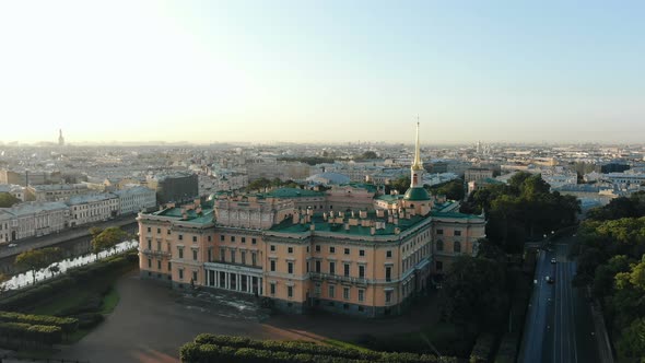 Mikhailovsky Castle in St. Petersburg at Dawn in the Summer, Aerial View