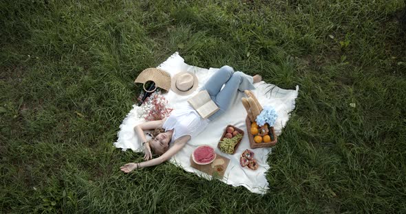 Young Beautiful Girl On A Picnic Reads A Book