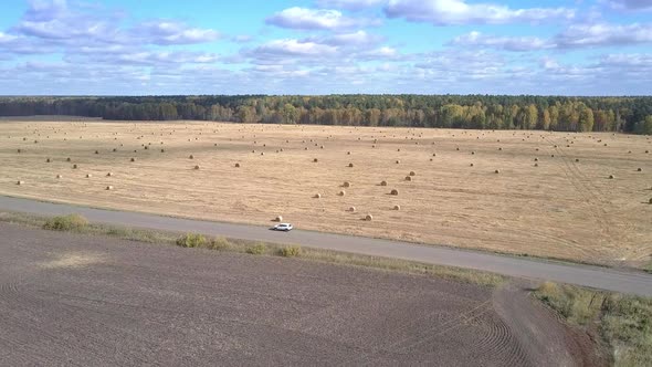 Upper View Car Stands on Road Between Fields and Girl Walks