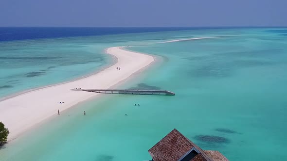 Aerial drone travel of exotic coast beach by water with sand background