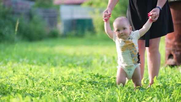 Mom and Baby Walk Hand in Hand on the Green Grass