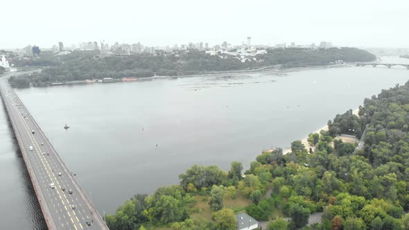 Paton Bridge Across the Dnipro River in Kyiv, Ukraine. Aerial View