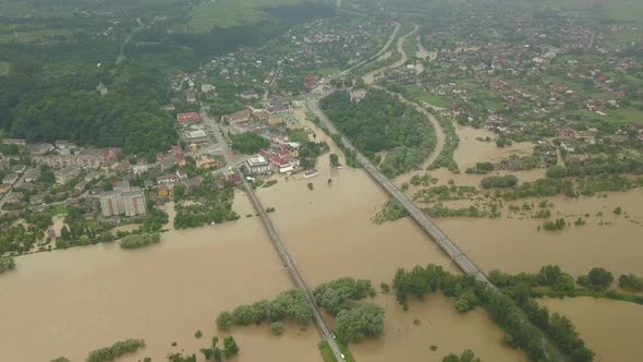 Top View of the Bridge Over the Dniester River During Floods. Spilled River, Climate Change, Natural