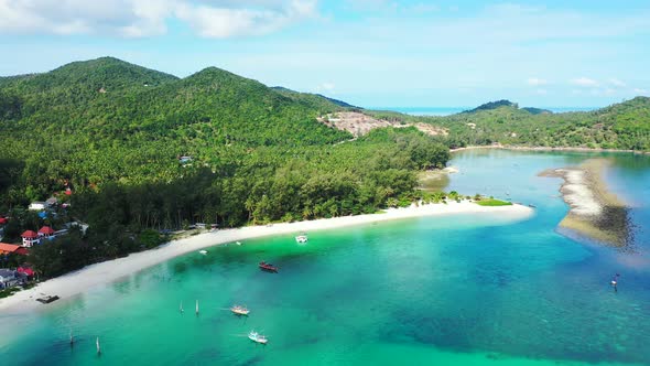 Daytime above clean view of a white paradise beach and turquoise sea background in high resolution 4