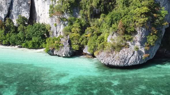 Amazing Coastline of Phi Phi Don, Thailand. Panoramic Aerial View on a Beautiful Sunny Day with