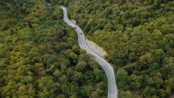 cars are going on the winding road aerial view