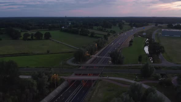 Aerial View of German Autobahn Freeway at Sunset