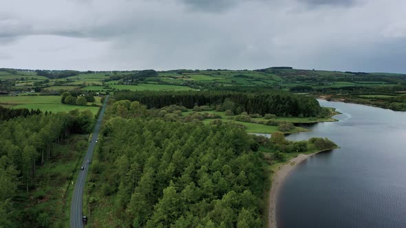 Irish road and forest on a cloudy day.
