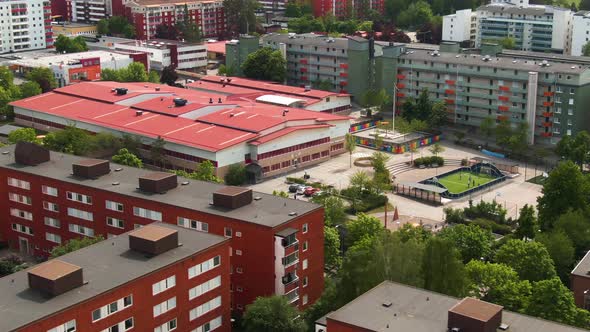 Colorful school and apartment buildings of Solna municipality in Stockholm, Sweden