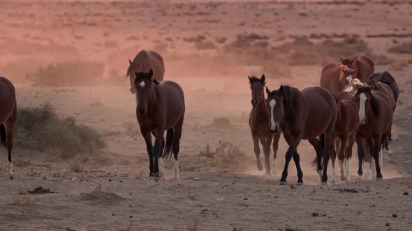 Herd of wild horses making there way through the desert at dusk