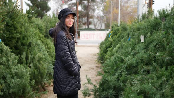 A young woman shopping on a Christmas tree lot with green douglas fir conifers in a holiday botanica