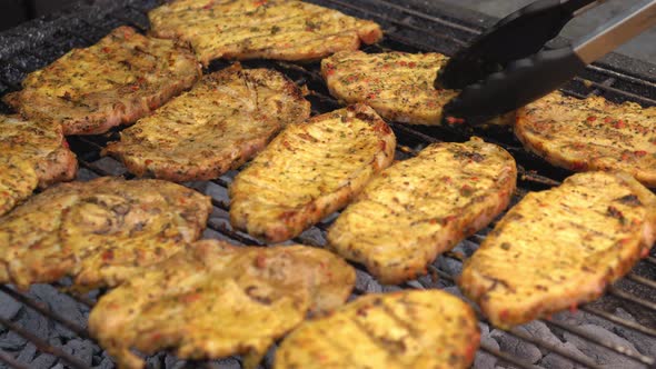 Spicy Pork Beef Bacon Being Grilled Over Bright Glowing Coals Broasting On Fire