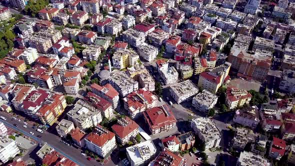 Top view of high-rise buildings with red roofs