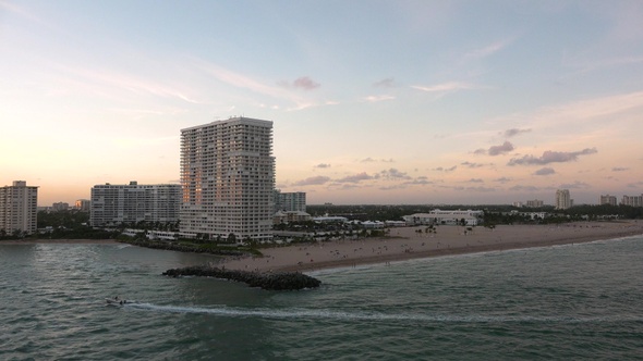 Modern city with high buildings on the beach. Caribbean cruise.