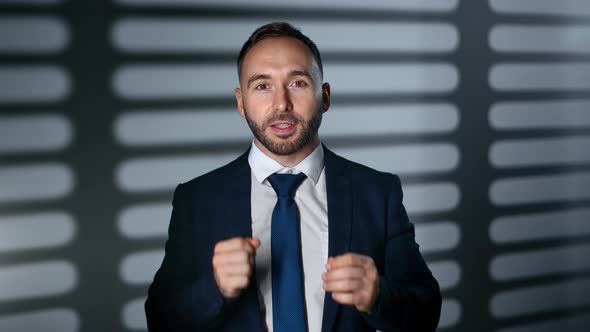 Portrait Business Man Speaking Breaking News Tv Show Reporter Blogger Posing at Dusk Jalousie Shadow