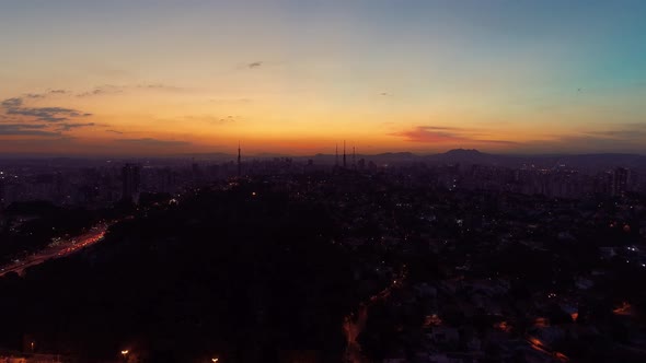 Sunset downtown Sao Paulo Brazil. Downtown district at sunset scenery.