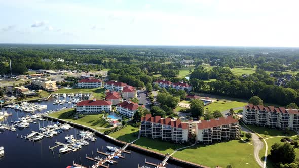 Aerial view or vacation condominiums near intercoastal marina in South Carolina.