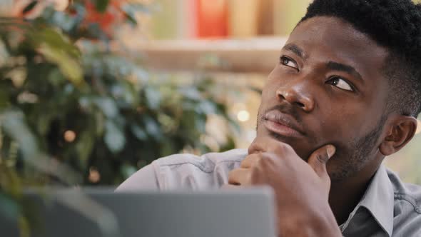 Closeup Pensive Confident Manager Freelancer Working on Laptop Writes Report Thinks About Solving