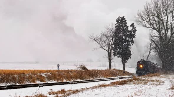 A Man Walking His Dogs By a Rail Road Track as a Steam Engine Approaches  in a Snow Storm