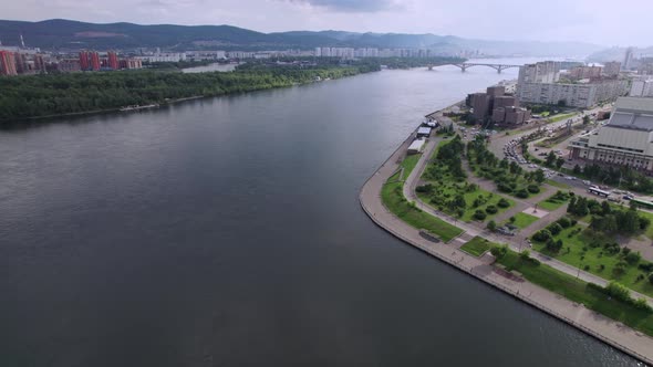 Drone Flight Over the Yenisei River in the City of Krasnoyarsk