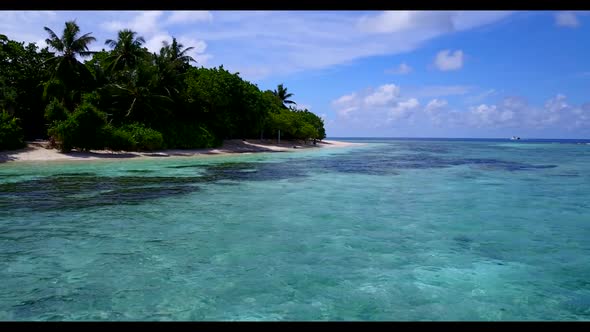 Aerial top down seascape of exotic shore beach adventure by blue green ocean with bright sand backgr