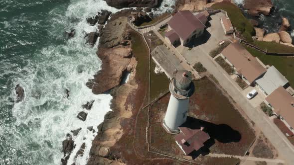 Aerial of Pigeon Point Lighthouse on Pacific Coast Highway near Half Moon Bay on California Coast