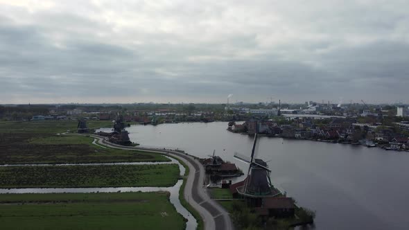Mills in Holland at the Zaanse Schans. Aerial on a cloudy day