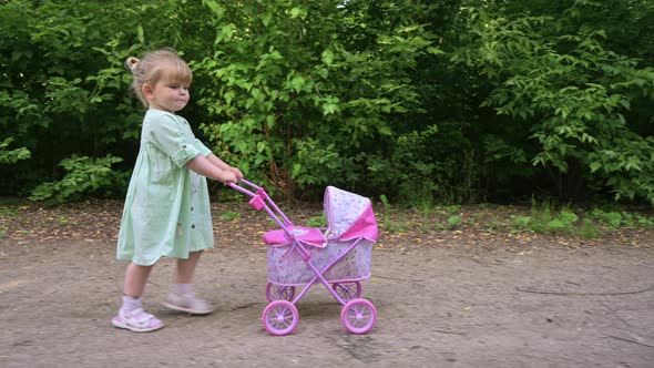 Little Girl Walking with Her Stroller Toy in Summer Park